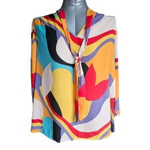 lowestory Blouse 2X Omega L/S Tie Neck Smocked Shoulder – Jamaica Print